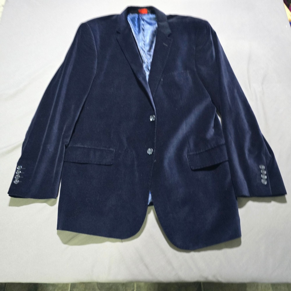 Linea Uomo Velvet Blazer Mens 46L Navy Blue Two Button Floral Lining Long Jacket